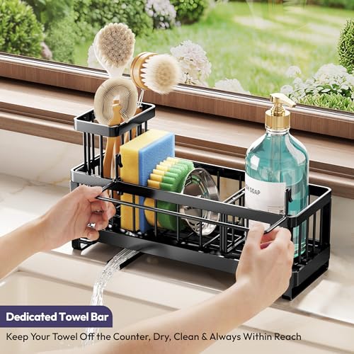 SWTYMIKI Sponge Holder for Kitchen Sink - Sink Caddy with Brush Holder Self-draining Sponge Caddy Organizer with Divider S...