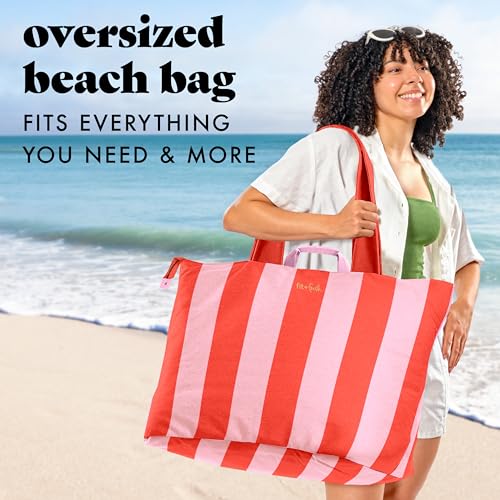 Fit & Fresh XL Beach Tote Bag for Women – XL Travel Tote with Zipper & Pockets, Oversized Canvas Pool Bag, Weekender Carry-On
