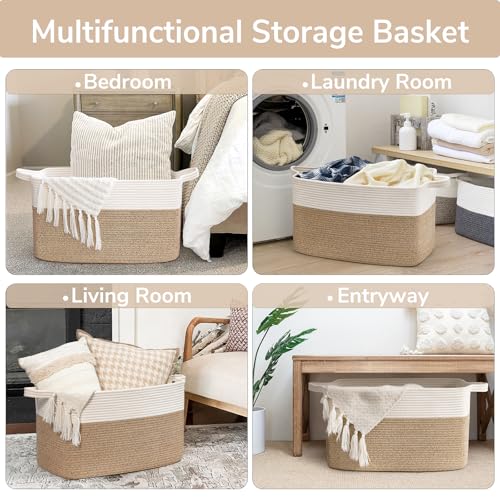 Goodpick Large Woven Blanket Basket, 21.6" x 14.9" x 11.8" Storage Baskets for Organizing, Rectangle Cotton Rope Toy Baske...