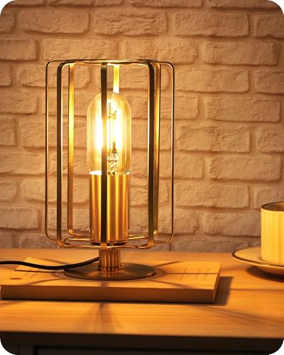 GOEBLESON Industrial Table Lamp, 8.5" Small Brass Table Lamp with Dimmable 2400K Warm Light LED Bulb, Vintage Brass Desk L...