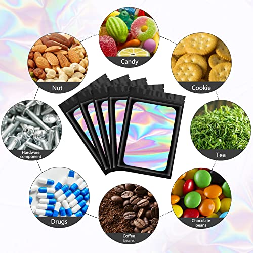 Funfery 100 pcs Black Mylar Holographic Bags Packaging Bags,Clear Resealable Bag Foil Pouch Bag for Food Storage and Lipgl...