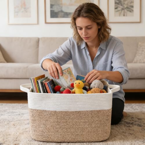 HZFTJOY Large Blanket Basket,Woven Rope Basket Storage Bin with Handles,65L Rectangle Laundry Basket for Magazines,Toys,Cl...
