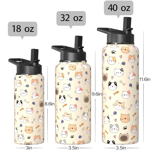 Sabobo 18oz Cats Water Bottles with Flip Straw & Spout Lid, Double Wall Stainless Steel Travel Sport Bottle, Cream Gym Gif...