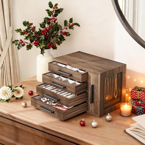 HOOBRO Jewelry Box for Women, Wooden Jewelry Organizer with Transparent Window, 4-Layer Jewelry Organizer Box, Jewelry Hol...