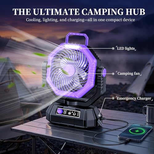 AJVV Camping Fan with Light, Remote and Oscillation, Battery Powered Hanging Tent Fan, Rechargeable Portable for Camp, Out...
