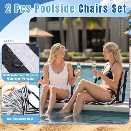 Tegeme 2 Pcs Foldable Pool Chairs Portable Poolside Seat for Edge of Pool Portable Flip Beach Chairs for Poolside Camping...