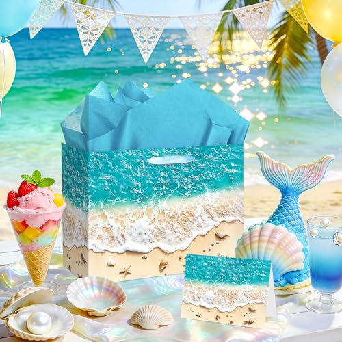 TagreSpike Beach Gift Bag with Tissue Paper and Card Summer Beach Goodie Candy Bags Seashell Blue Ocean Wave Summer Pool P...