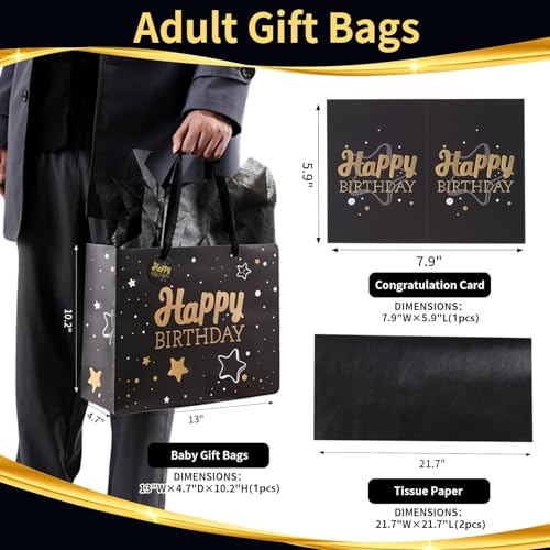Powbrace Black Birthday Gift Bag with Tissue Paper and Greeting Card, 13'x10.2'x4.9', Medium (1-Piece Set, Black Starry Sk...