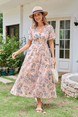Women's Floral Maxi Dress Flowy V Neck Empire Waist Summer Wedding Guest Party Casual Chiffon Dress