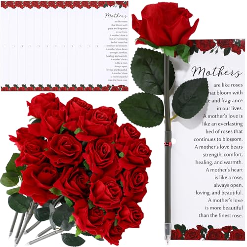 Sayglossy 12 Sets Rose Pen Mother's Day Gifts Artificial Red Flower Ballpoint Pens with Inspirational Praise Card Rose Par...