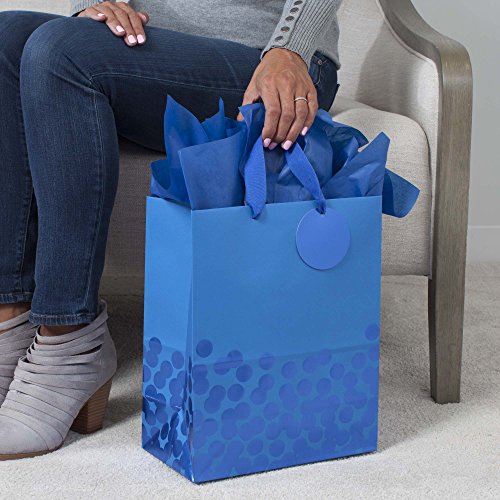 Hallmark 13" Large Gift Bag with Tissue Paper (Blue Foil Dots) for Hanukkah, Christmas, Birthdays, Fathers Day, Graduation...
