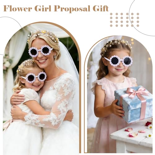 Srotmirw 4 Pcs Flower Girl Proposal Set Flower Girls Gifts Including Flower Girl Pearl Headpiece Round Flower Sunglasses f...