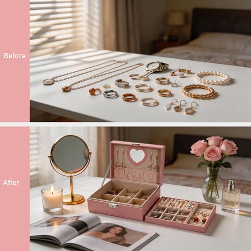 Jewelry Box Organizer for Women, 2-Layer Large Jewelry Storage Boxes with Mirror Ideal Gift Earrings Box Case for Necklac...