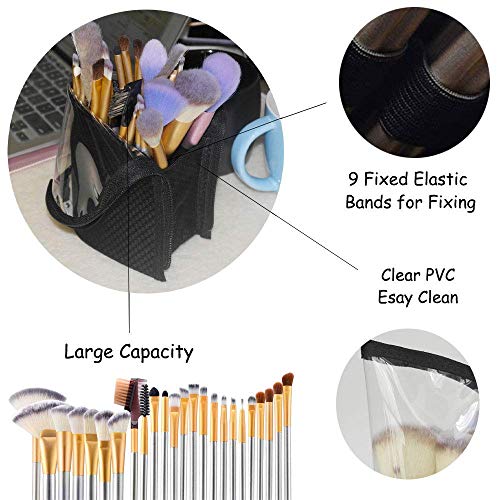 ANEMEL Black Travel Makeup Brush Holder, Organizer Bag Cosmetic Zipper Pouch Portable Dust-Free Stand-Up Toiletry Stationery