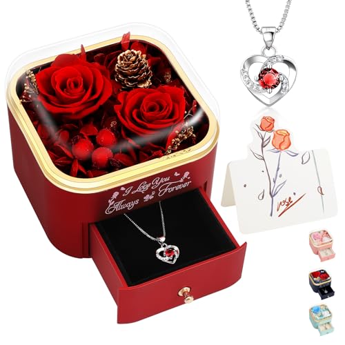 minstely Preserved Rose Gift Box with Necklace for Women, Forever Real Rose Jewelry Box for Mom Wife Girlfriend, Red Flowe...