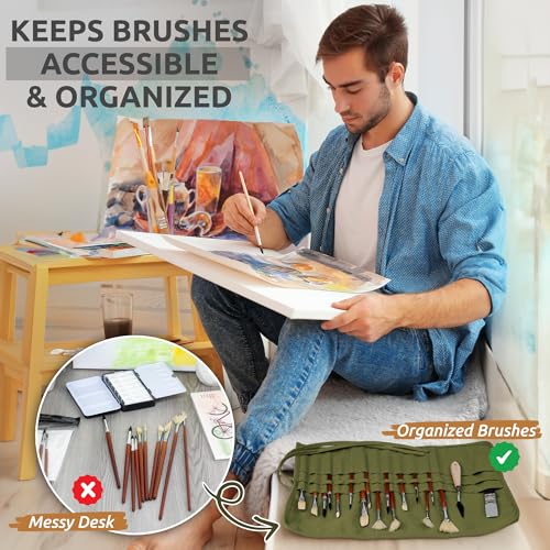 DUGATO 30-Slot Roll-Up Paint Brush Holder, Premium Canvas Brush Organizer for Artists, Washable Travel Brush Case for Wate...