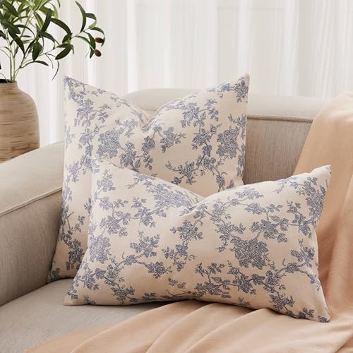 YZJZEDS 100% Cotton French Pastoral Throw Pillow Covers Set of 2, 20x20 Inch Blue Farmhouse Decorative Cushion Covers for ...