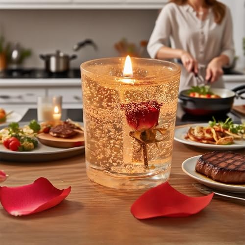 Gel Wax Candle,Sparkling Real Rose & Gold Flakes Candle in Glass Jar,Floral Scented,Smokeless Clean Burn,Glam Home Decor o...