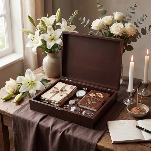 Ripeng Large Wooden Memory Box for Keepsakes 11.8 x 9.8 x 3 Inches Funeral Wooden Keepsake Box with Latch for Memories Fun...
