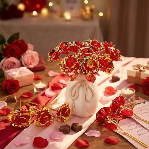 Leinuosen 30 Sets Valentine's Day Galaxy Flower Gift Rainbow Gold Foil Glass Artificial Roses with Cards Valentine Christi...
