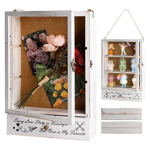 Large Shadow Box Frame 11x16 , 3.5” Deep Shadow Box with Drawers and Removable Shelves, Rustic White Color Wood Picture Di...