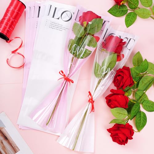 Haakong Single Rose Sleeve for Bouquets Flower Wrapping Bags for Wedding Mother's Day Valentine’s Day Graduation Party (40)