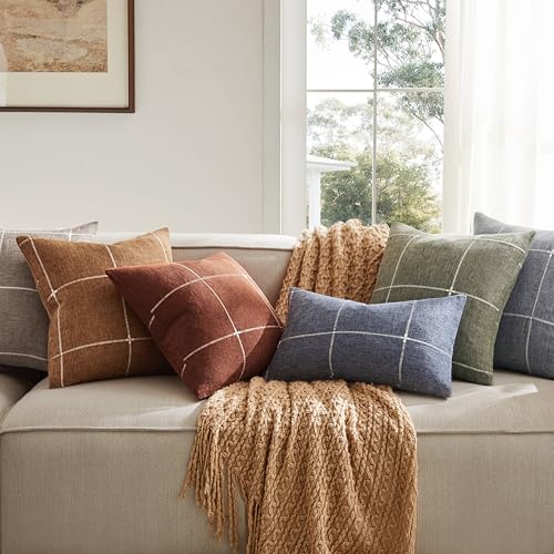 YZJZEDS 2 Packs Grid Embroidery Throw Pillow Covers, 20x20 Inch Navy Blue, Farmhouse Linen Decorative Navy Blue Cushion Co...