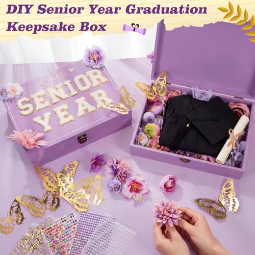 Novabright 50 Pcs 2026 DIY Senior Year Graduation Keepsake Box Kit Large Wooden Memory Box with 3D Butterfly, Flowers, Gli...