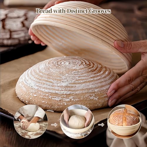 Banneton Bread Proofing Basket - Proofing Basket Set of 2 (9 inch Round) - Natural Rattan Banneton with 4 Linen Liners - B...