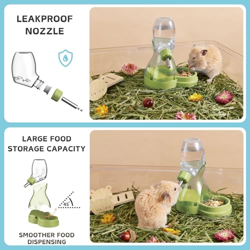 2 in 1 Hamster Water Bottle No Drip with Large Capacity Automatic Food Dispenser Small Animal Feeder for Syrian Dwarf Hams...