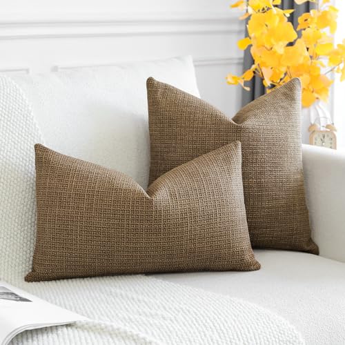 OTOSTAR Pack of 2 Throw Pillow Covers 20x20 Inch Linen Coffee Brown Pillowcases Farmhouse Decorative Solid Pillow Covers 5...