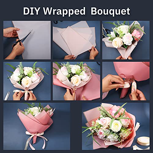 Tenare Flower Wrapping Paper and Ribbon Set 36 Sheets Bouquet Wrapping Paper with 50 Yards Double Face Satin Ribbon for Fl...