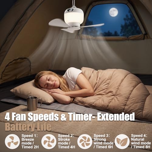 Camping Fan with Light & Remote, Portable Ceiling Fan Wireless Rechargeable Tent Fan with 4 Speeds,3 Light Modes,Timer, Ba...