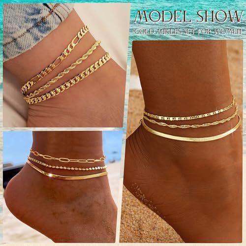 iF YOU Gold Ankle Bracelets for Women, 14k Gold Plated Waterproof Cuban Link Chain Anklets Set, Layered Anklet Bracelets f...