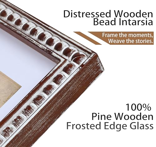 Gdfmsc 4x6 Rustic Picture Frame with Mat for 3x5, Decorative Distressed Beaded Wooden Real Glass, Vertical or Horizontal D...