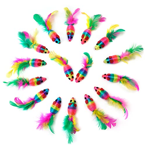 CHIWAVA 24PCS 5" Rattle Cat Toys Mice with Feathers Rainbow Rope Mouse Kitten Interactive Toy Assorted Color
