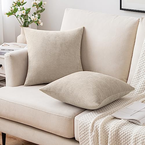 MIULEE Pack of 2 Beige Decorative Pillow Covers 18x18 Inch Soft Chenille Couch Throw Pillows Farmhouse Cushion Covers for ...