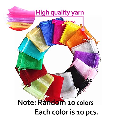 LYSXP Organza Bags 3.5x4.7 Inch 100pcs Random 10 Colors Mesh Organza Gift Bags with Drawstring, Jewelry Favor Pouches Wedd...