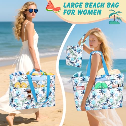 ZENTREON Extra Large Beach Bags for Women, Waterproof Beach Tote Bag with Zipper and Wet Pocket, Foldable Swim Pool Bag