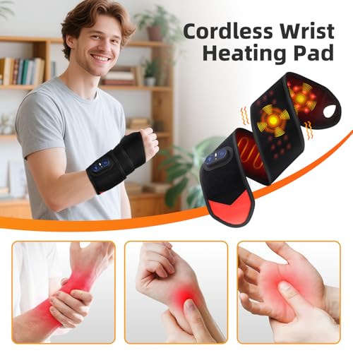Cordless Wrist Hand Heating Pad Massage for Pain Relief, Rechargeable Heated Wrist Brace for Carpal Tunnel, Red Light Ther...