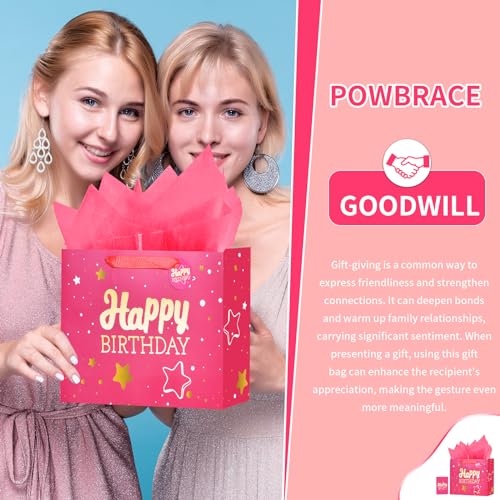 Powbrace 13" Pink Happy Birthday Gift Bag with Tissue Paper and Greeting Card for Party,Happy Birthday Gift Bag for Men Wo...