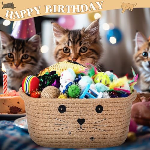 Zopeal 58 Pcs Mother’s Day Cat Storage Basket Gift Toys Set, Colorful Flashing Balls Pet Bell Crinkle Balls Spring Toys At...