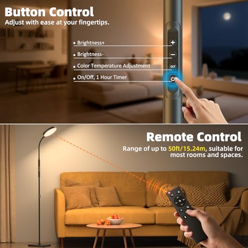 PACOVY Floor Lamp, Adjustable Height Floor Lamps for Living Room Bedroom, 120 LED Super Bright Standing Lamp Remote & Touc...