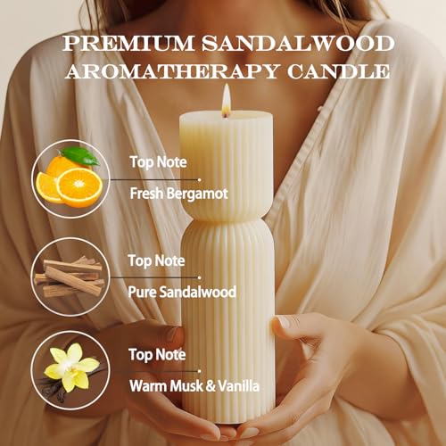 Aesthetic Sandalwood Scented Candles,Ribbed Pillar Candle Set of 2 (7.87" & 9.05" Tall), Natural Soy Wax Minimalist Geomet...