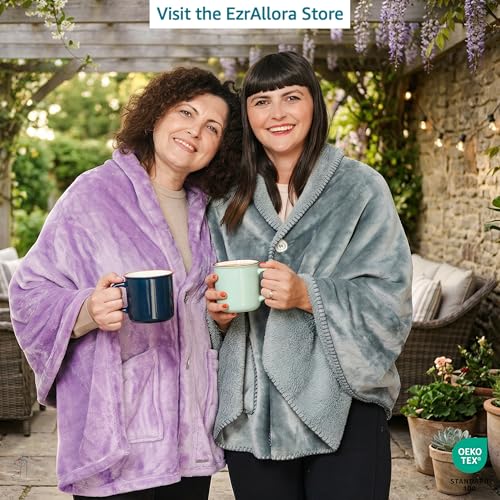 EzrAllora Premium Double Layer Poncho Blanket - No Sleeves Easy On Easy Off- Drape and Go- 2 pockets - Gifts for Grandma (...