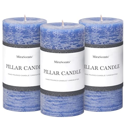 3x6 Inch Blue Pillar Candles Set of 3 - Hand-Poured Unscented Candles, Long Clean Burning, Large Big Candle, Smokeless Dri...