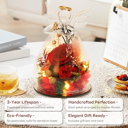 Kemiputi Red Preserved Rose Glass Angel Figurine, Romantic Gifts for Wife Girlfriend, Real Forever Flower I Love You Anniv...