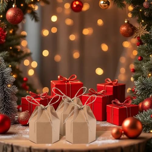 Odowalker 50 Pcs Lantern Hexagon Kraft Paper Package Box with Twine, Paper Candy Boxes, Gift Wrap Boxes for Birthday Weddi...