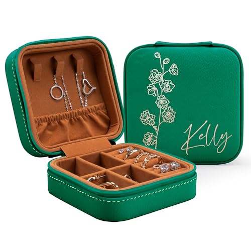 Custom Leather Jewelry Box w/Name & Birth Flower Month - Birthday Gifts for Women, Personalized Jewelry Travel Case - Cust...