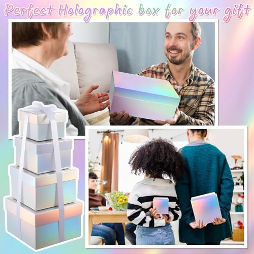 Fulmoon 4 Pack Holographic Silver Square Nesting Gift Boxes with Lids Set Assorted Sizes 7in 6in 5in 4in with Ribbon for W...
